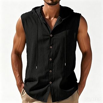 Men's Casual Sleeveless Hooded Button Down Linen Blend Shirt, Lightweight Summer Beach Tank Top