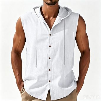Men's Casual Sleeveless Hooded Button Down Linen Blend Shirt, Lightweight Summer Beach Tank Top