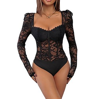 Women Floral Lace Long Sleeve V Neck Corset Mesh Leotard Bodysuit Sweetheart Neck Slim Fit Jumpsuit