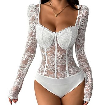 Women Floral Lace Long Sleeve V Neck Corset Mesh Leotard Bodysuit Sweetheart Neck Slim Fit Jumpsuit