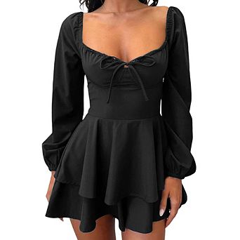 Women's Fashion Simple Long Sleeve Dress Backless Drawstring Dress Neck Tie Slim Waist Dress
