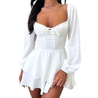 Women's Fashion Simple Long Sleeve Dress Backless Drawstring Dress Neck Tie Slim Waist Dress
