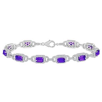 Celebration Gems Sterling Silver Emerald Cut Gemstone Halo Bracelet