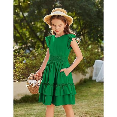 Arshiner Girls Maxi Summer Short Flutter Sleeve Casual Dress With Pockets