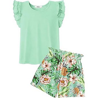 Arshiner Girls Piece Outfits Summer Hawaiian Clothes Ruffle Sleeve T Shirts High Waist Paper