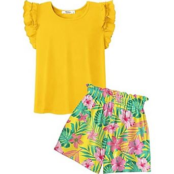 Arshiner Girls Piece Outfits Summer Hawaiian Clothes Ruffle Sleeve T Shirts High Waist Paper