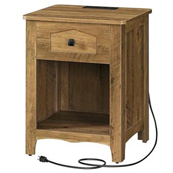Farmhouse End Table with Charging Station, Drawer and Shelf for Bedroom or Living Room