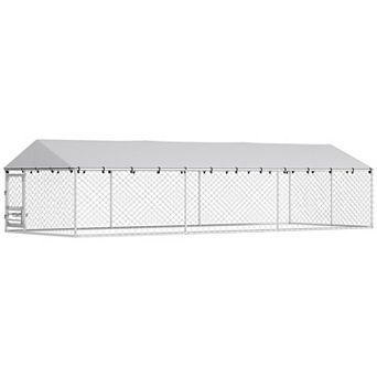 PawHut Dog Kennel Outdoor with Cover & Adjustable Bowls, 20 x 7.5 x 5ft