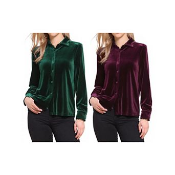 2 Packs Vintage Velvet Top for Women Fall Winter Collared Long Sleeve Button Down Shirt