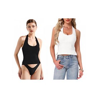 2 Packs Halter Tops for Women's Summer Sweetheart Neck Backless Sleeveless Cropped Tank Top