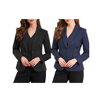 2 Packs Striped Blazer for Women's Notched Lapel One Button Long Sleeve Work Office Suit Jackets
