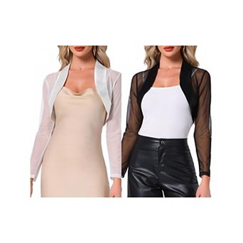 2 Packs Satin Shrug for Women's Evening Dresses Mesh Coverup Open Front Long Sleeve Cropped Bolero