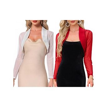 2 Packs Satin Shrug for Women's Evening Dresses Mesh Coverup Open Front Long Sleeve Cropped Bolero