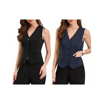 2 Packs Women's Striped Blazer Vest V Neck Sleeveless Button Down Vest Waistcoat with Pockets