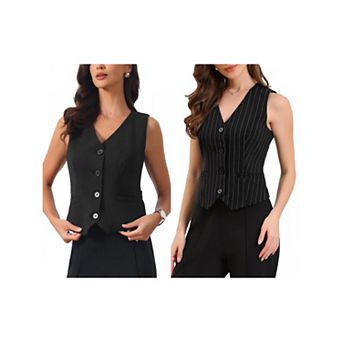 2 Packs Women's Striped Blazer Vest V Neck Sleeveless Button Down Vest Waistcoat with Pockets