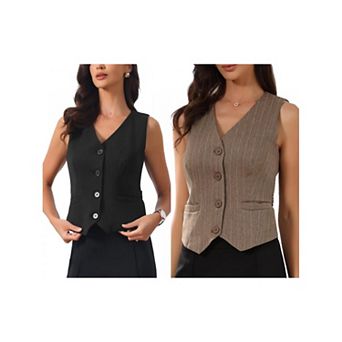 2 Packs Women's Striped Blazer Vest V Neck Sleeveless Button Down Vest Waistcoat with Pockets