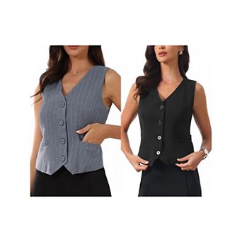2 Packs Women's Striped Blazer Vest V Neck Sleeveless Button Down Vest Waistcoat with Pockets