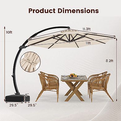 11ft Outdoor Patio Umbrella with Base, Curved Cantilever Hanging Sun Shade