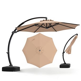 11ft Outdoor Patio Umbrella with Base, Curved Cantilever Hanging Sun Shade