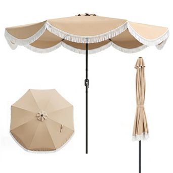 9ft Tassel Patio Umbrella with Fringe, Outdoor Umbrella with Push Button Tilt,White