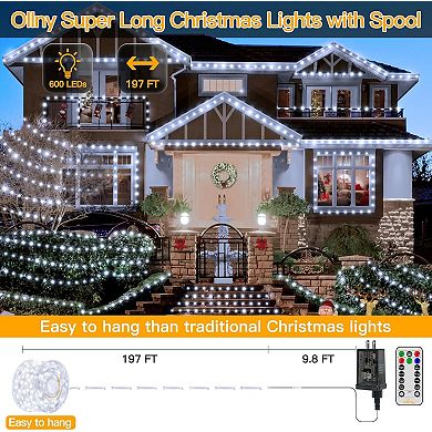 Ollny 600 LED 197ft Cool White IP67 Waterproof Christmas Lights Clear Wire