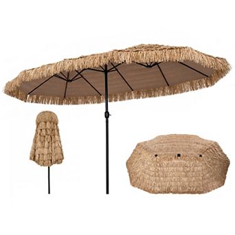 15ft Large Thatched Tiki Patio Umbrella with Crank Handle, Double-sided Outdoor Bar Umbrella