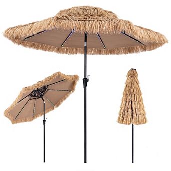 9ft Thatched Tiki Patio Umbrella with Solar Lights, Boho Fringe Hawaiian Outdoor Bar Umbrella,Beige