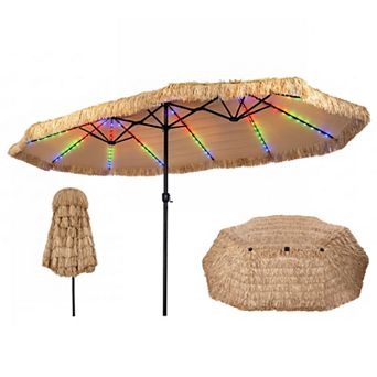 15ft Solar Thatched Tiki Double-sided Patio Umbrella with 144 Multi-colored Flowing Lights，Brown