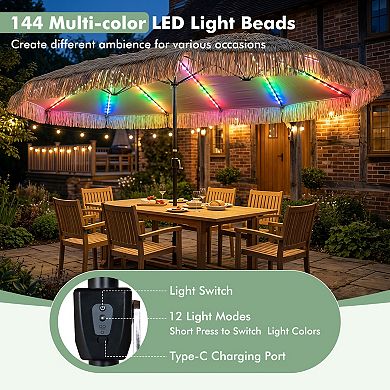 15ft Solar Thatched Tiki Double-sided Patio Umbrella with 144 Multi-colored Flowing Lights，Brown