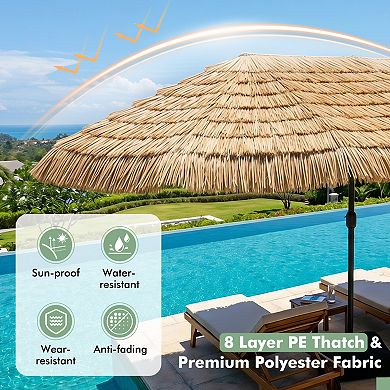 15ft Solar Thatched Tiki Double-sided Patio Umbrella with 144 Multi-colored Flowing Lights，Brown
