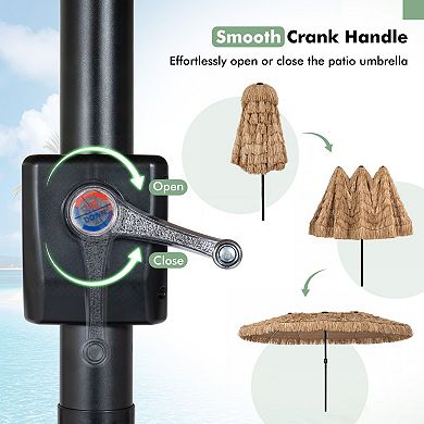 15ft Solar Thatched Tiki Double-sided Patio Umbrella with 144 Multi-colored Flowing Lights，Brown