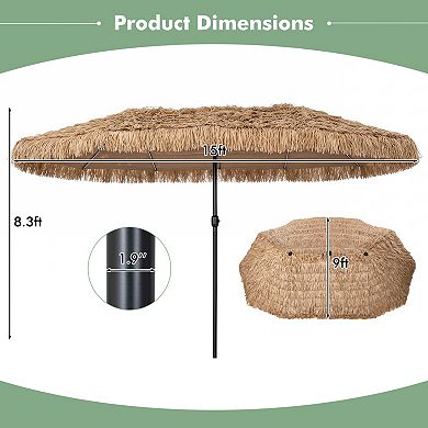 15ft Solar Thatched Tiki Double-sided Patio Umbrella with 144 Multi-colored Flowing Lights，Brown