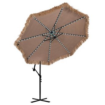 10 Ft Solar Thatched Cantilever Umbrella with 96 Color Changing Lights and 12 Modes