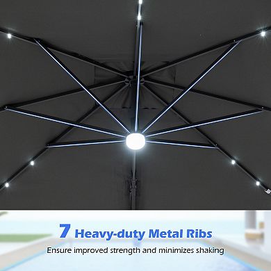 10 Ft Cantilever Patio Umbrella with Solar LED Lights for Pool and Garden