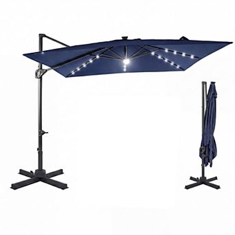 10 Ft Cantilever Patio Umbrella with Solar LED Lights for Pool and Garden