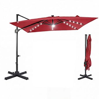 10 Ft Cantilever Patio Umbrella with Solar LED Lights for Pool and Garden