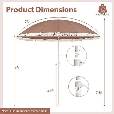 7 Ft Patio Umbrella with Boho Fringe Tassel Design for Outdoor Use