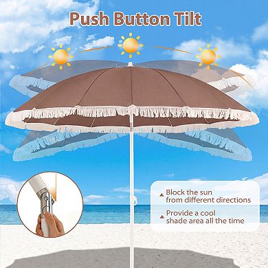 7 Ft Patio Umbrella with Boho Fringe Tassel Design for Outdoor Use