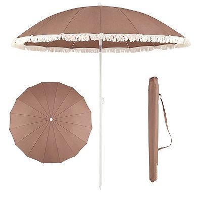 7 Ft Patio Umbrella with Boho Fringe Tassel Design for Outdoor Use