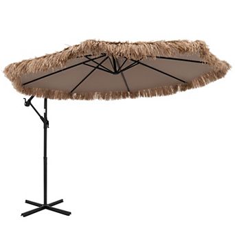 10 Ft Solar Thatched Cantilever Umbrella with 12 Light Modes and Crank Lift