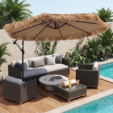 10 Ft Solar Thatched Cantilever Umbrella with 12 Light Modes and Crank Lift