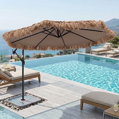 10 Ft Solar Thatched Cantilever Umbrella with 12 Light Modes and Crank Lift