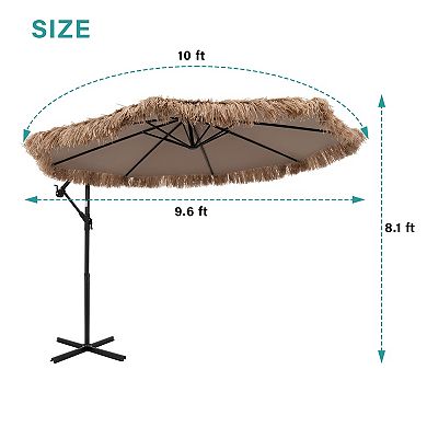 10 Ft Solar Thatched Cantilever Umbrella with 12 Light Modes and Crank Lift