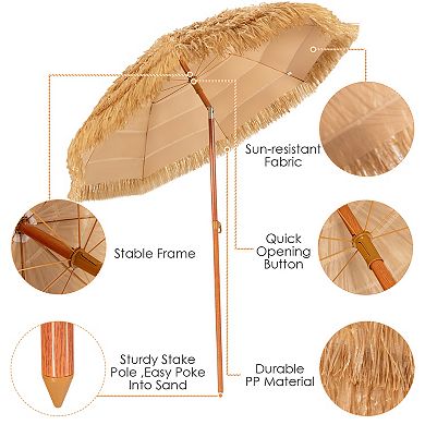 6.5 Ft Portable Thatched Tiki Beach Umbrella with Adjustable Tilt