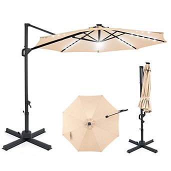 10ft Patio Cantilever Umbrella with Solar LED Lights& 360° Rotation,Outdoor Hanging Sun Shade