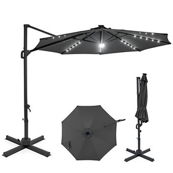 10ft Patio Cantilever Umbrella with Solar LED Lights& 360° Rotation,Outdoor Hanging Sun Shade