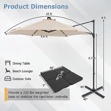 10ft Patio Cantilever Umbrella with Solar LED Lights, Waterproof UV Resistant