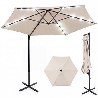10ft Patio Cantilever Umbrella with Solar LED Lights, Waterproof UV Resistant