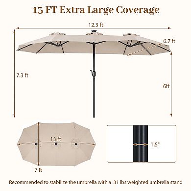 13ft Double-Sided Patio Umbrella, Large Solar Lights Rectangle Market Umbrella