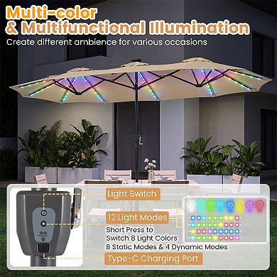 13ft Large Patio Umbrella with Solar Lights, Double-Sided Rectangular Outdoor Table Umbrella
